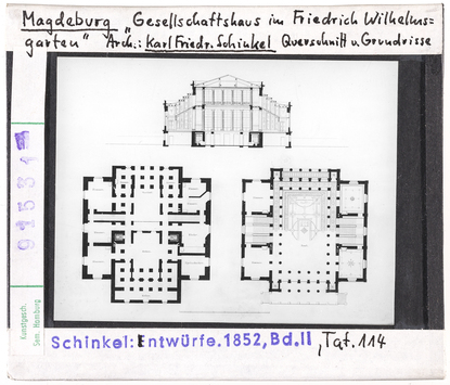 Vorschaubild Magdeburg: Gesellschaftshaus im Friedrich-Wilhelms-Garten, Querschnitt und Grundriss. Schinkel 